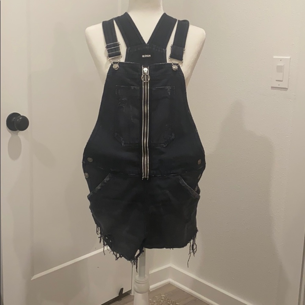 Hudson black distressed front zip overall shorts